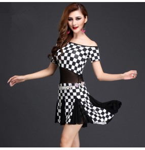 Black and white and blue and white and plaid printed  short sleeves women's ladies female competition performance belly dance costumes dresses outfits( no waist chain)